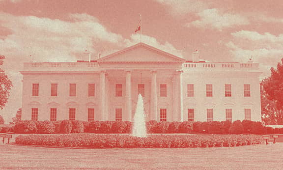 A frontal view of the White House.